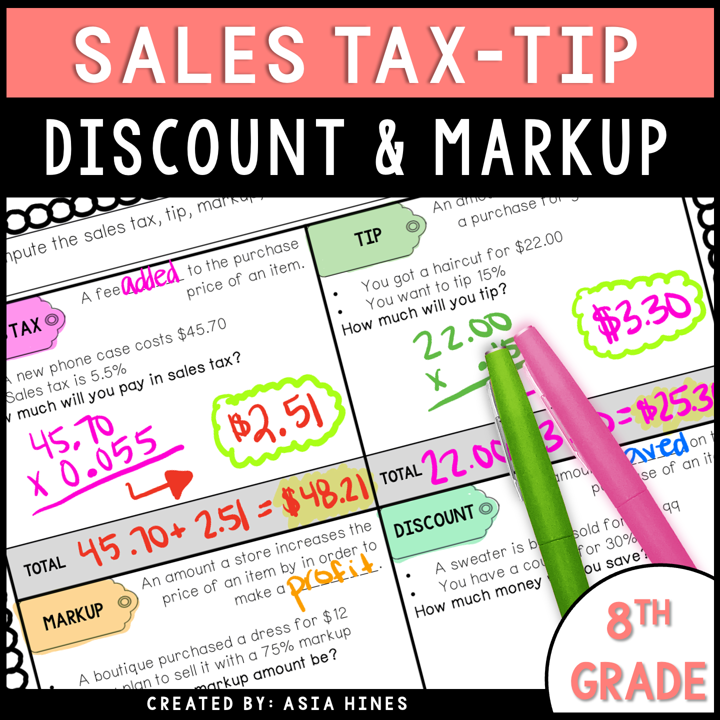 Sales Tax Tip Discount Markup Guided Notes and Practice Worksheets ...