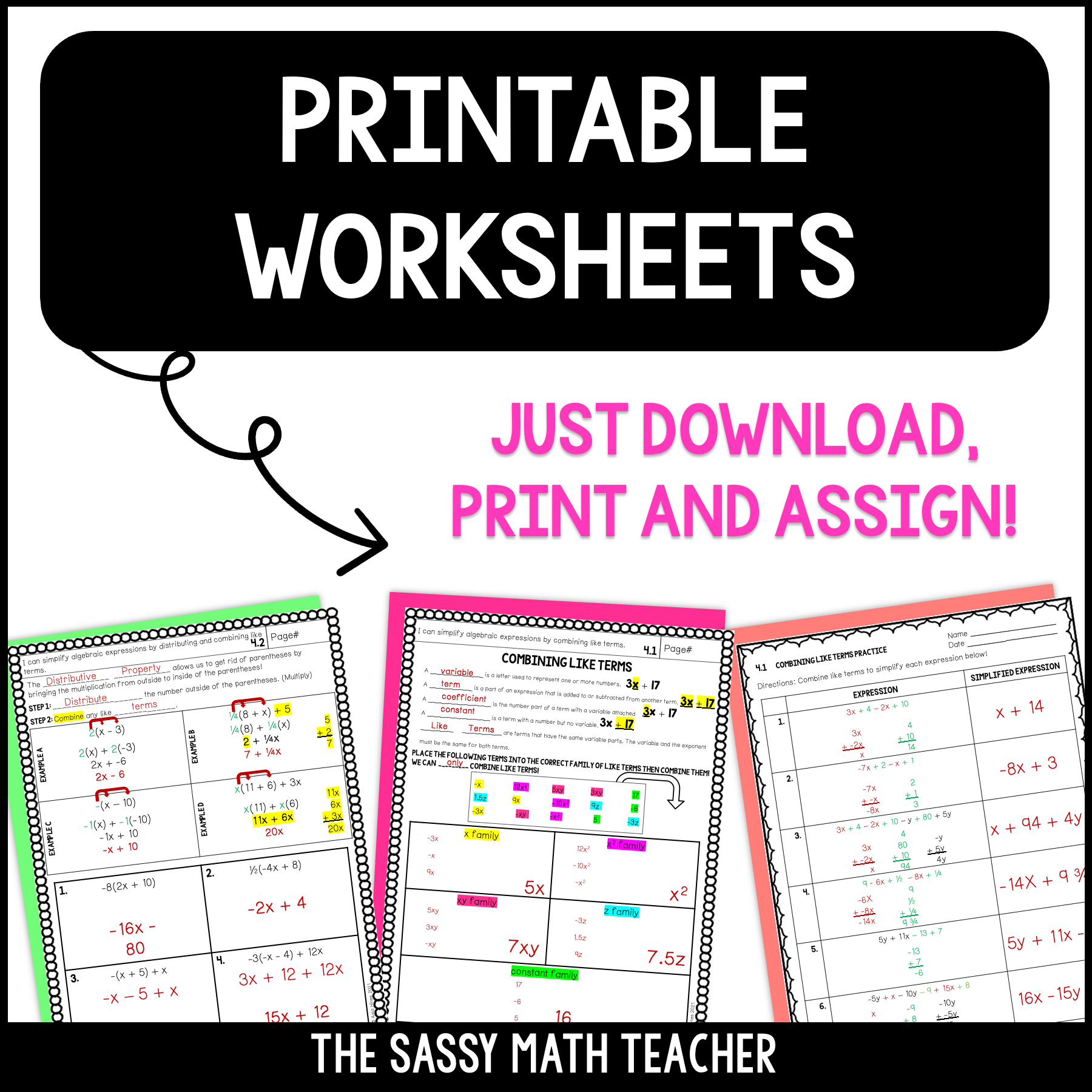 Combining Like Terms - Distributive Property Guided Notes - Practice ...