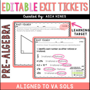 8th Grade Math Exit Tickets EDITABLE VA SOLs