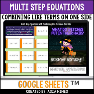 Halloween Math Activity Multi Step Equations Variables on One Side Pixel Art