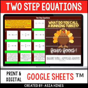 Thanksgiving Math Solving Two Step Equations 7th Grade Activity Worksheet