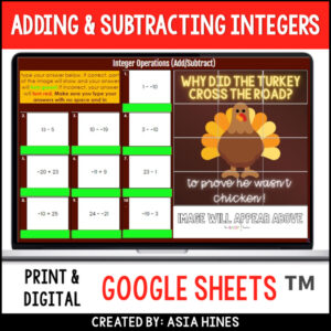 Thanksgiving Math Adding & Subtracting Integers Worksheet | 6th Grade Pixel Art
