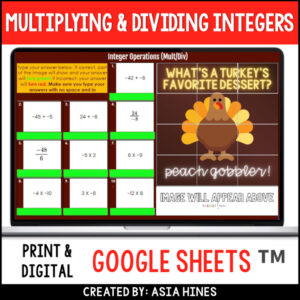 Thanksgiving Math Multiplying and Dividing Integers 6th Grade Worksheet