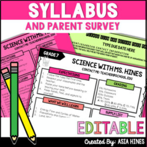 Editable Middle School Syllabus Template and Parent Survey Questionnaire