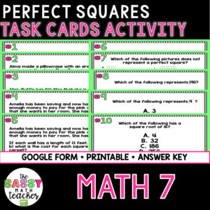 Perfect Squares and Square Roots Task Cards Distance Learning