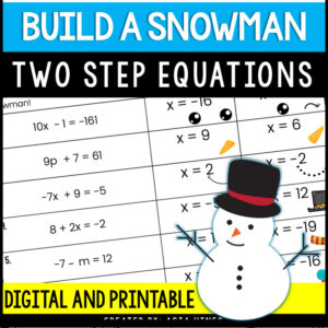 Winter Math Solving Two Step Equations Worksheet Activity for 7th Grade Snowman