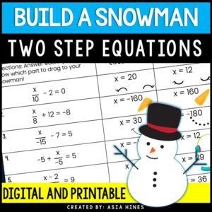 Winter Math Two Step Equations Worksheet Activity with Division Snowman