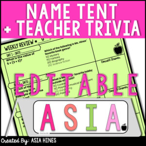 First Day of School Math Activity Middle School Name Tent - Name Tags Trivia